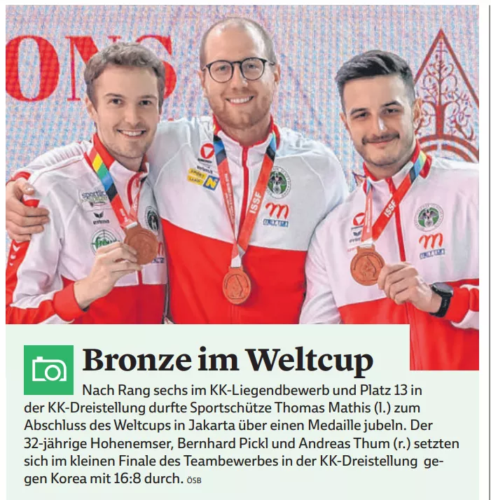 Bronzemedaille für Thomas Mathis in der Teamwertung 3x20 Bronzemedaille für Thomas Mathis in der Teamwertung 3x20