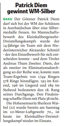 Silbermedaille für PAtrick diem mit dem 3x20 Männerteam bei der WM in Baku. VN 21.08.23 Silbermedaille für PAtrick diem mit dem 3x20 Männerteam bei der WM in Baku. VN 21.08.23