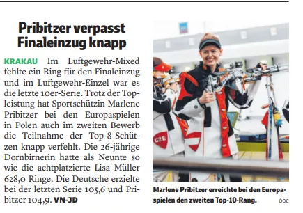 Bericht über Marlene Pribitzer bei den European Games. VN 24.06.2023 Bericht über Marlene Pribitzer bei den European Games. VN 24.06.2023